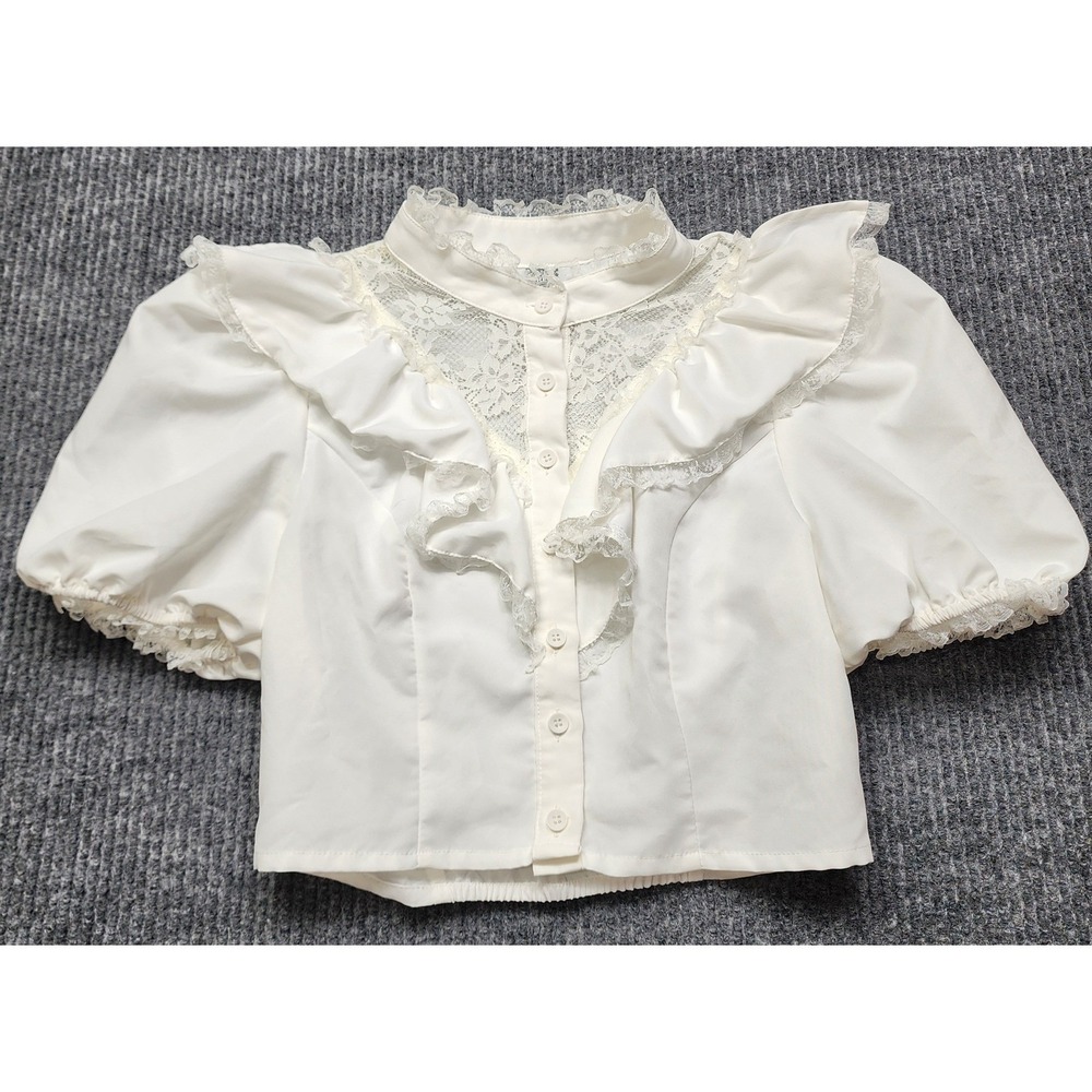 SHEIN White Lace Ruffle Puff Sleeve Blouse Mock Neck Victorian Coquette Top M